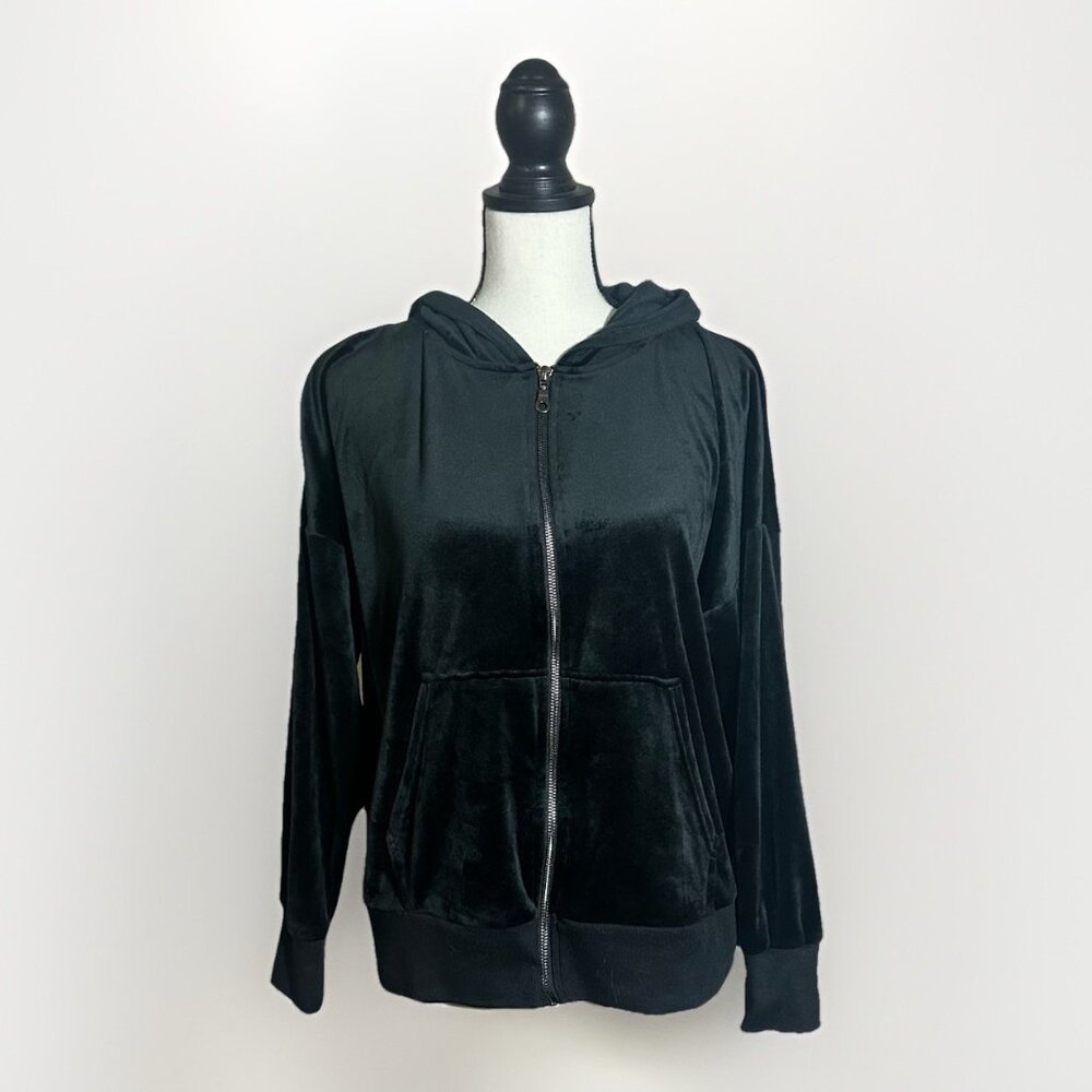 Felina Sweatshirt Women’s Size Large Black Velour Hooded Zip Up Soft Stretch